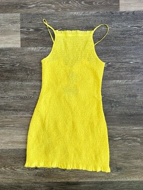 Free People Iyla Smocked Mini Dress Yellow Lace Up Back Boho S
